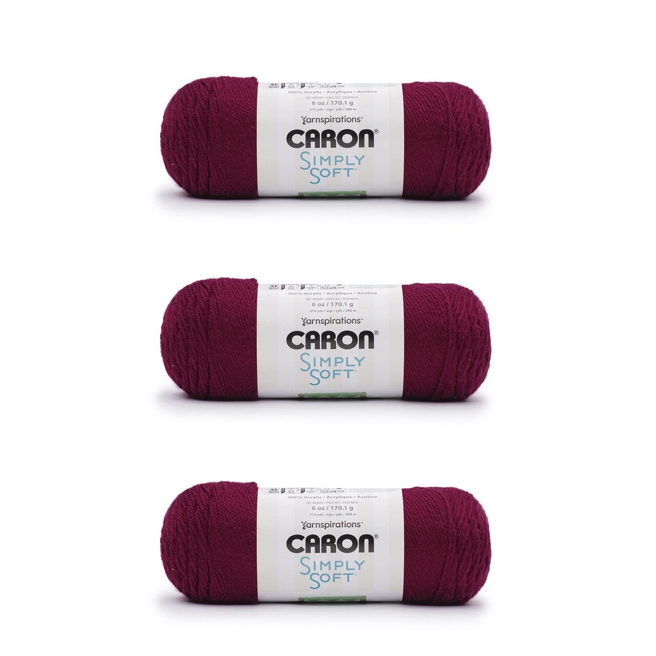 Caron Simply Soft Burgundy Yarn - 3 Pack of 170g/6oz - Acrylic - 4 Medium (Worsted) - 315 Yards - Knitting/Crochet